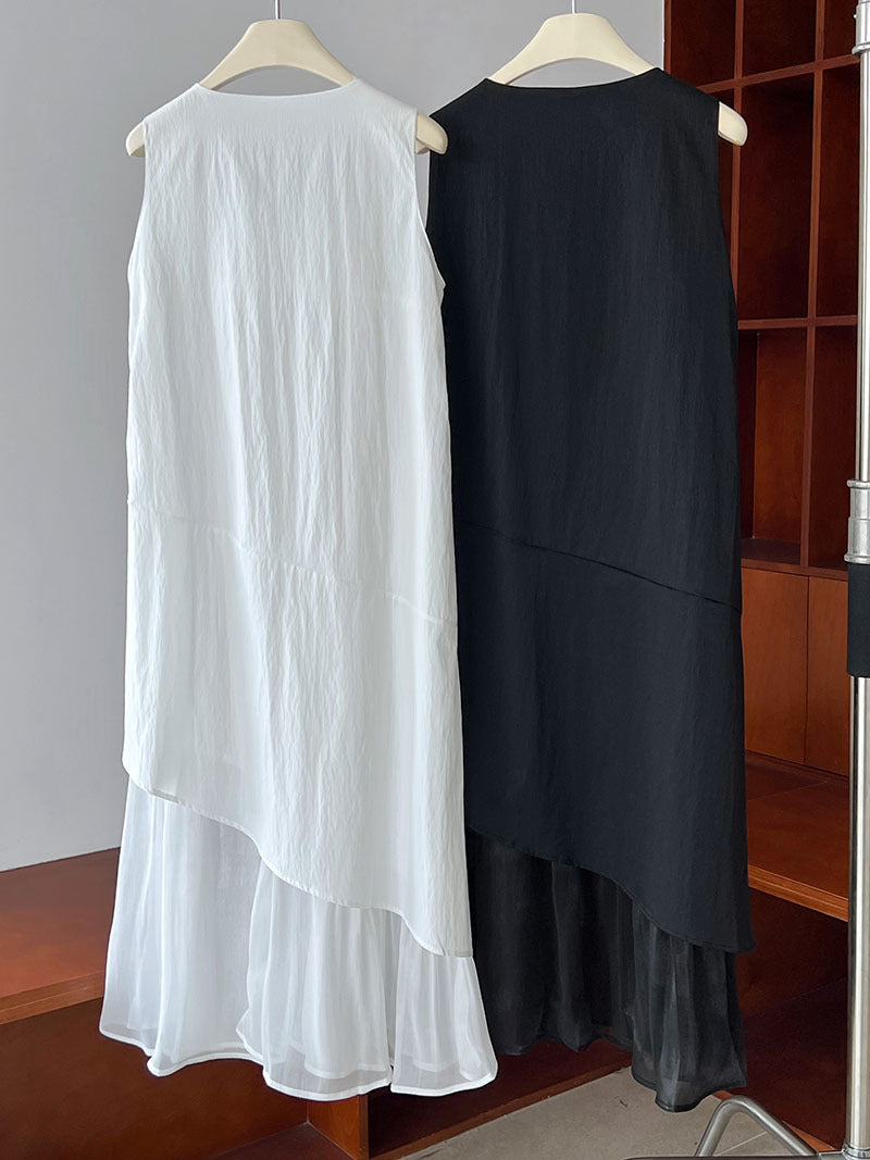 Two sleeveless Elegant Korean Style Dresses with asymmetrical layered hems in white and black