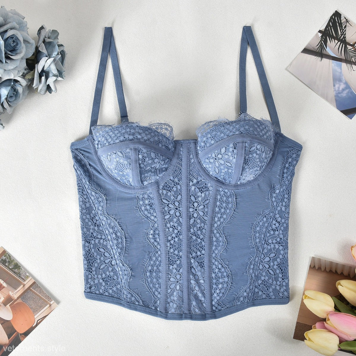 Blue lace corset top as part of COMFY BODY SHAPING OUTERWEAR, a sexy body shaping outerwear piece