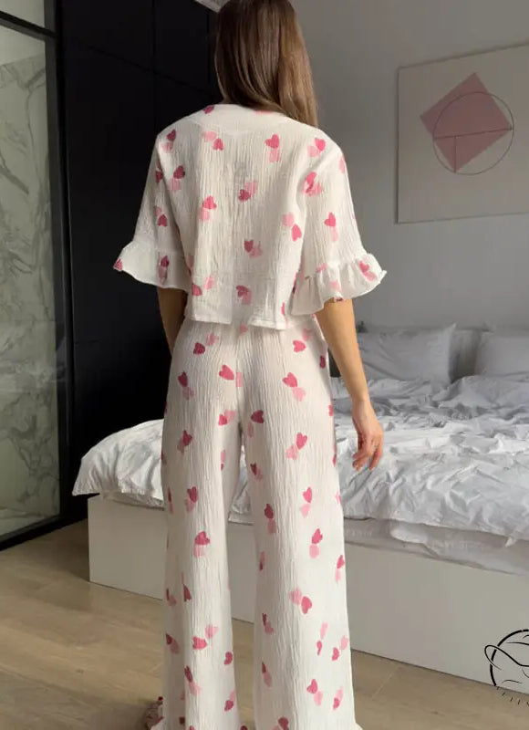 White ruffled short sleeves pajama set with pink hearts