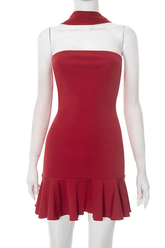 Graceful langry fashion red sleeveless dress with ruffled hem