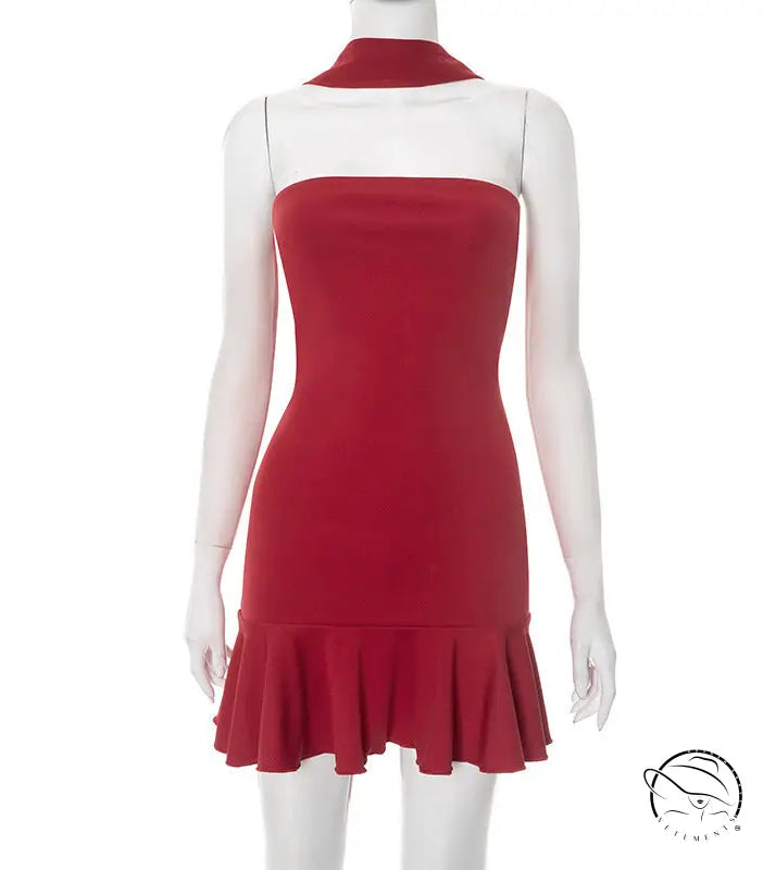 Graceful langry fashion red sleeveless dress with ruffled hem