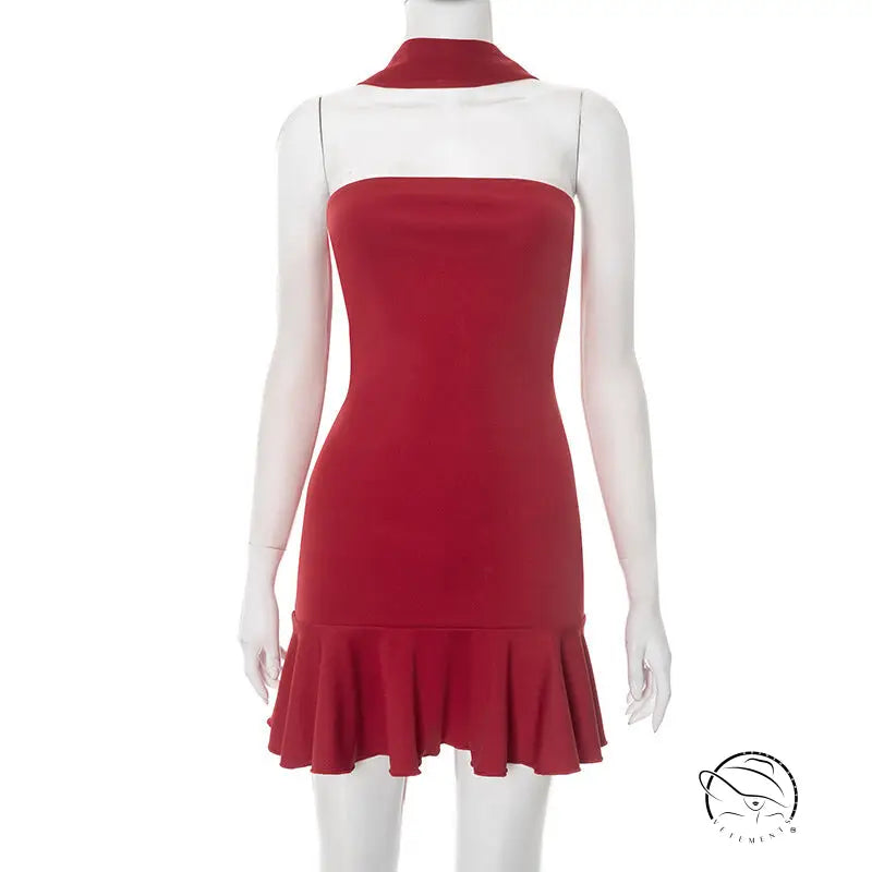 Graceful langry fashion red sleeveless dress with ruffled hem