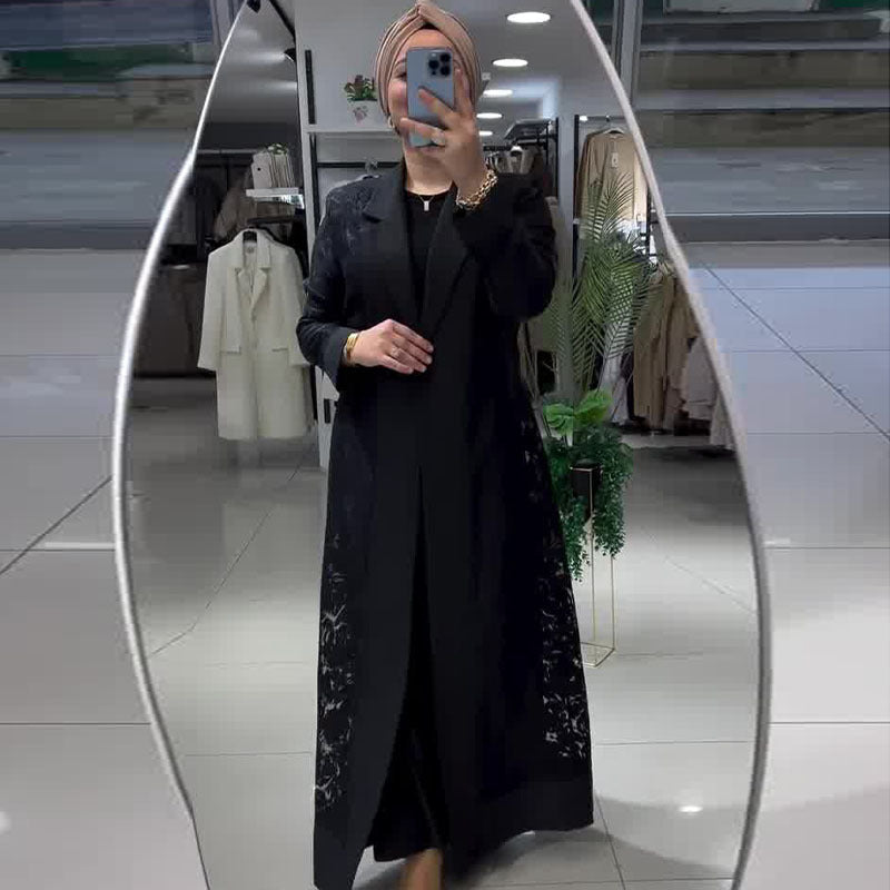 Black floral embroidered abaya trench coat with hijab in Langry fashion