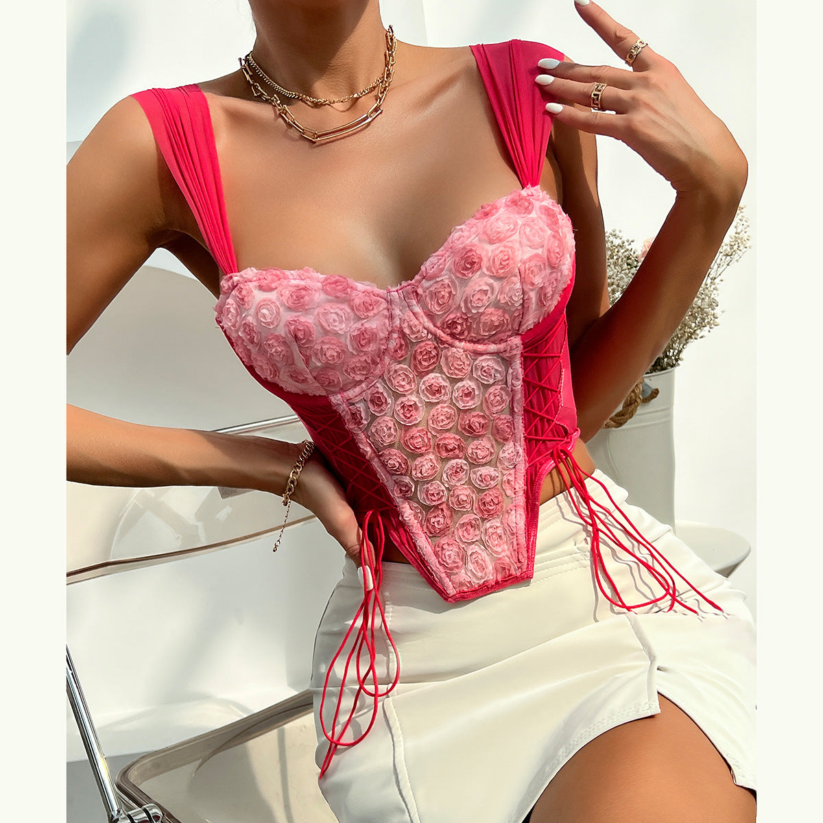 Pink floral corset top from Summer Sweet Romantic Floral Tied Spaghetti Strap Bra, langry fashion