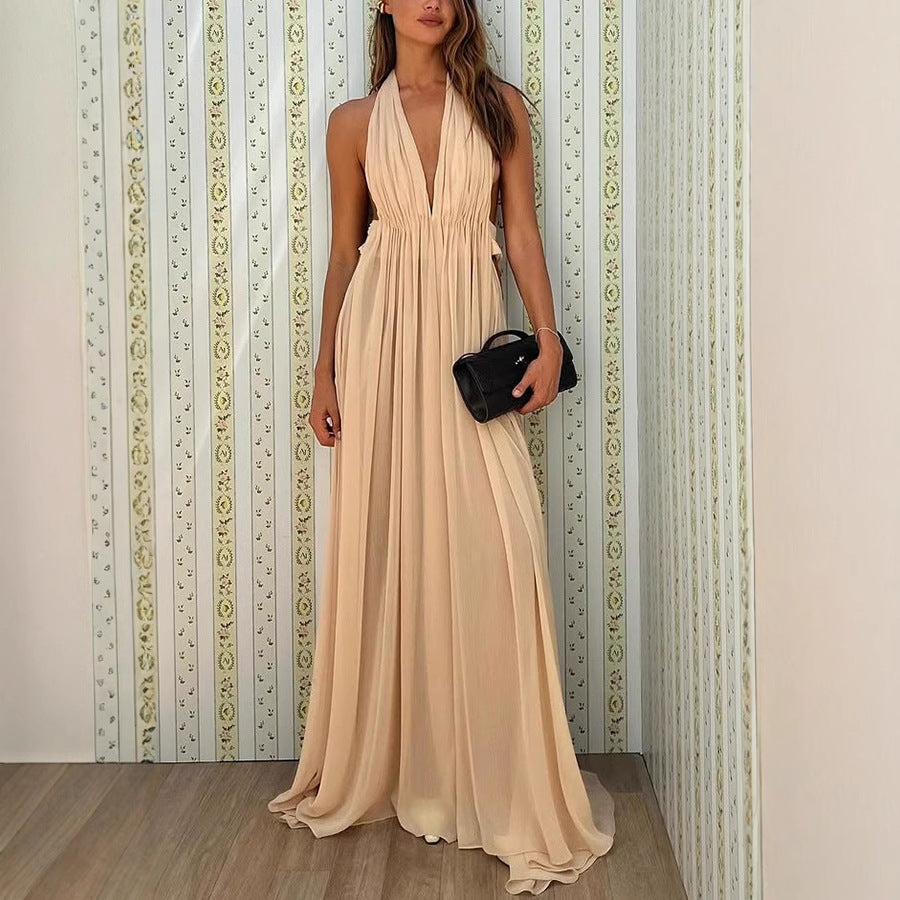 Beige halter maxi dress from Enchanting Long Evening Dress collection showcasing elegant fashion and ملابس style