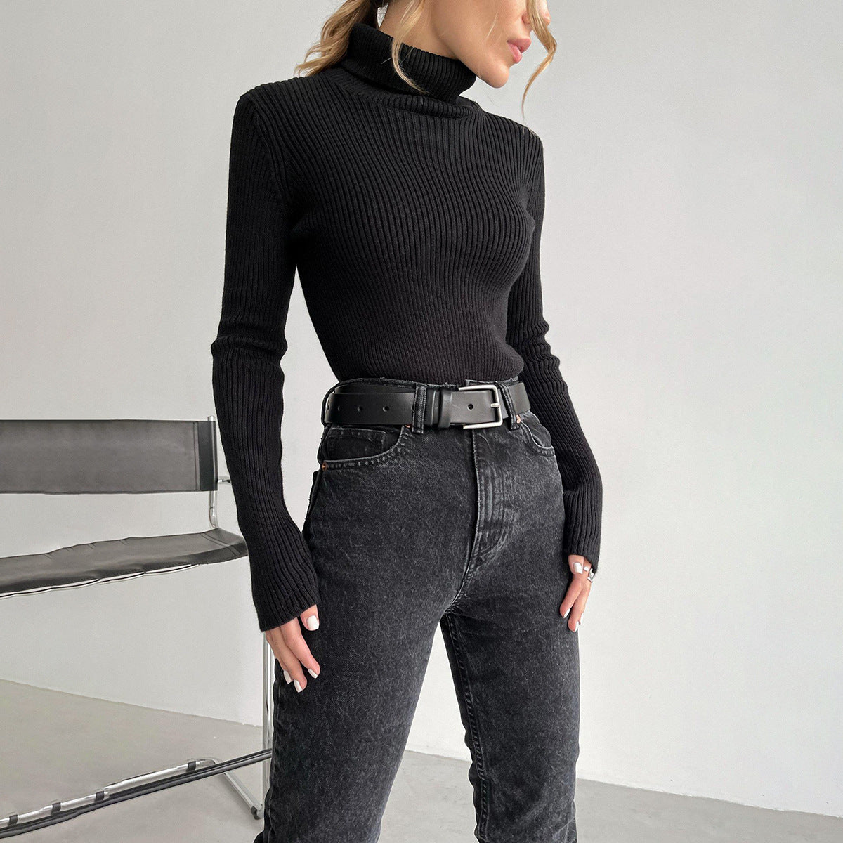 Black ribbed turtleneck sweater in langry fashion slim fit pullover