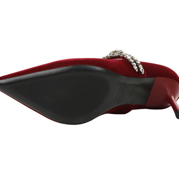 Elegant Langry red velvet high heel with rhinestone strap for fashion
