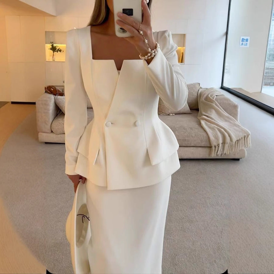 Elegant white long sleeve skirt suit from the Langry fashion Long Sleeve Office Pocket Two Piece Set
