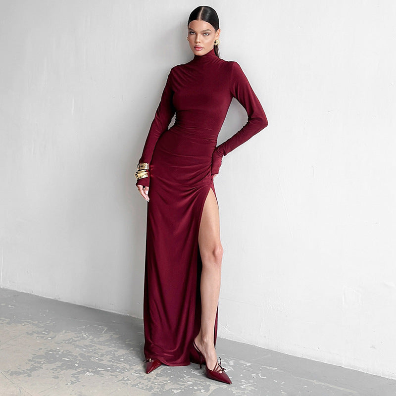 Burgundy turtleneck gown with thigh-high slit in High Slit Elegant Maxi Dress fashion
