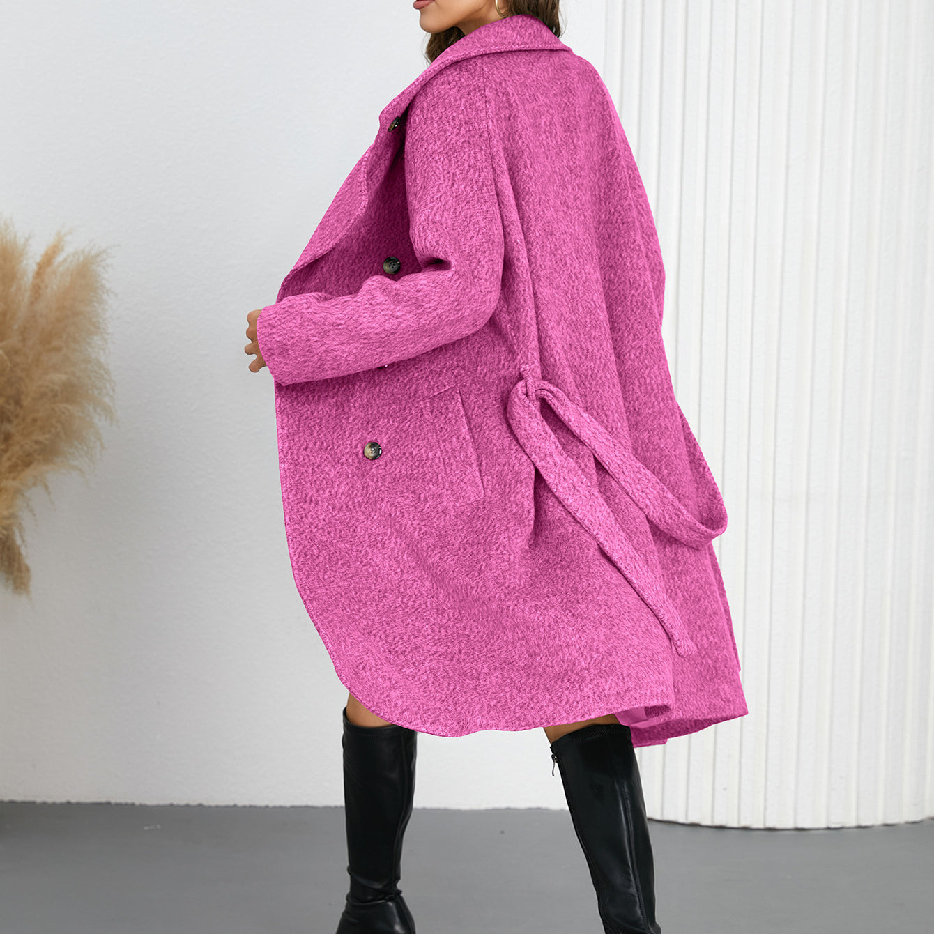 Pink belted wool coat from Comfy Slim Woolen Coat collection, perfect for fashion-conscious langry enthusiasts and stylish ملابس