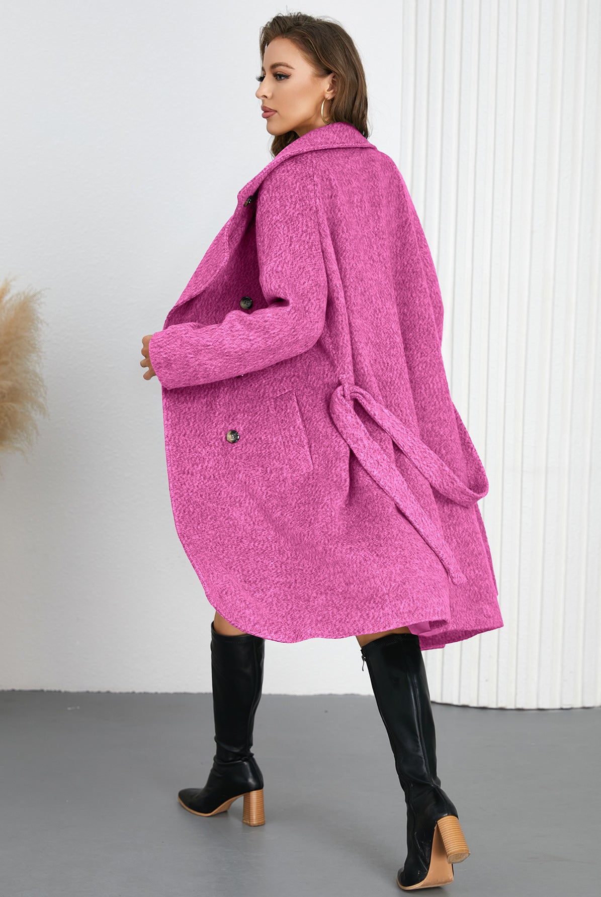 Pink belted wool coat from Comfy Slim Woolen Coat collection, perfect for fashion-conscious langry enthusiasts and stylish ملابس