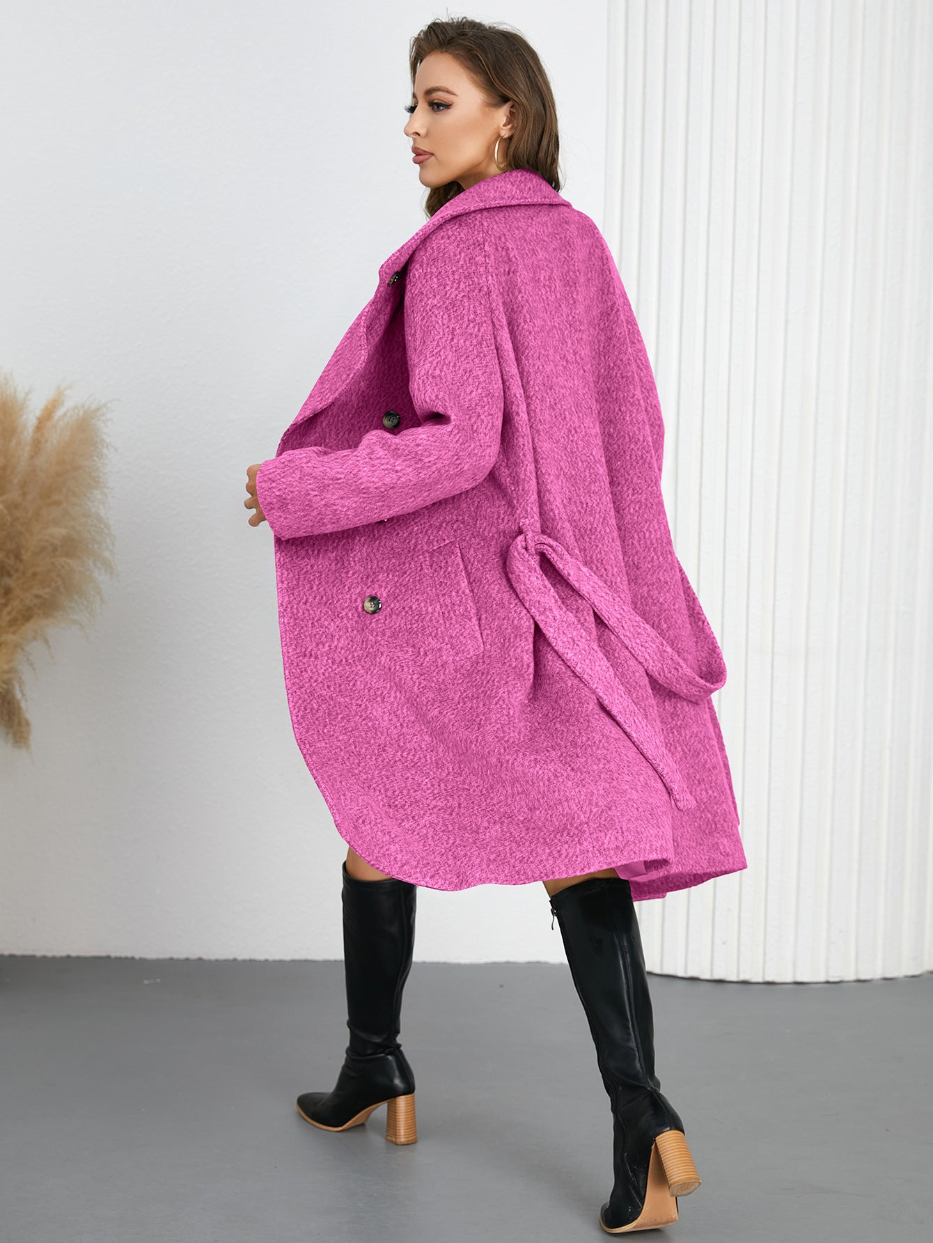 Pink belted wool coat from Comfy Slim Woolen Coat collection, perfect for fashion-conscious langry enthusiasts and stylish ملابس