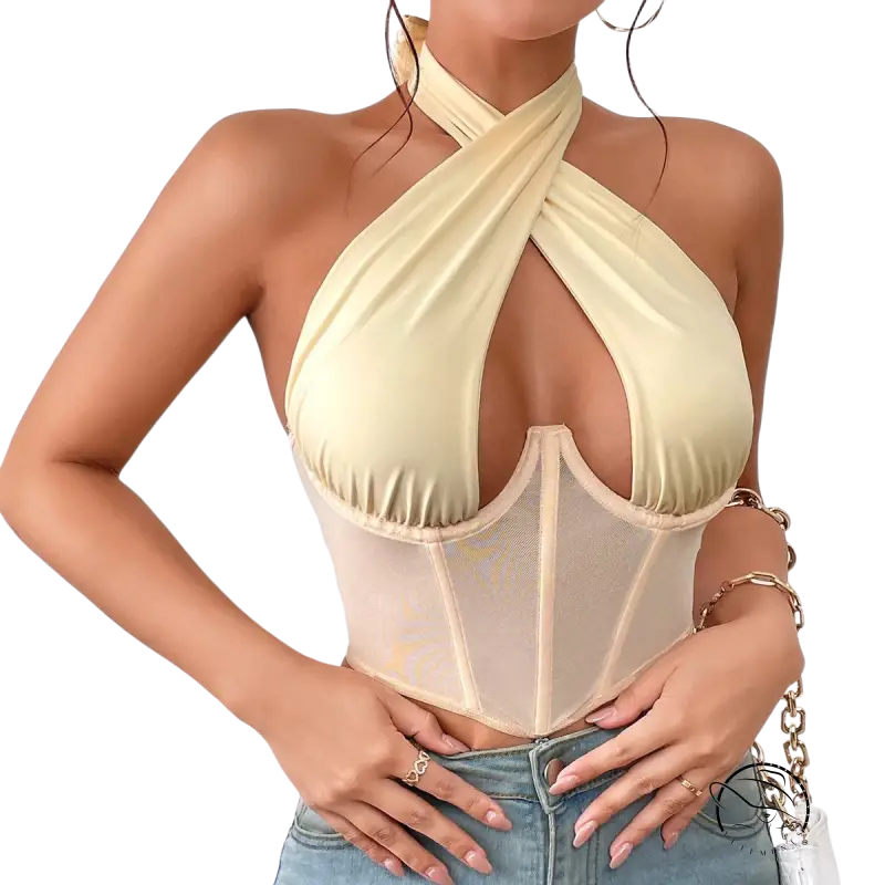 Beige sexy cross halter corset top with boning