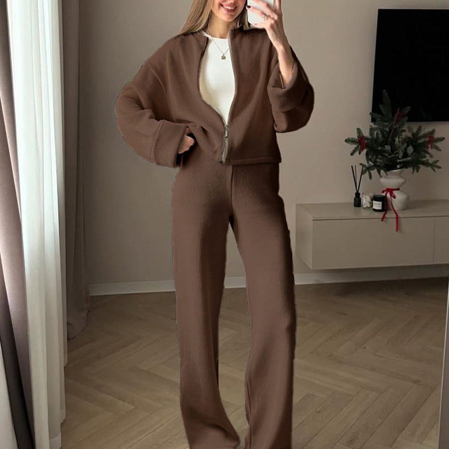 Brown oversized Zara coat with zipper, pockets, and enchanting langry fashion trousers