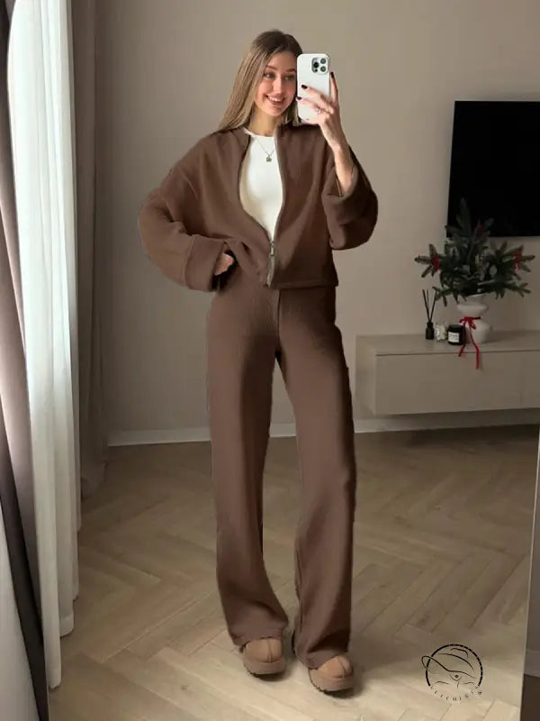Zara brown oversized coat with zipper pockets over enchanting langry fashion trousers