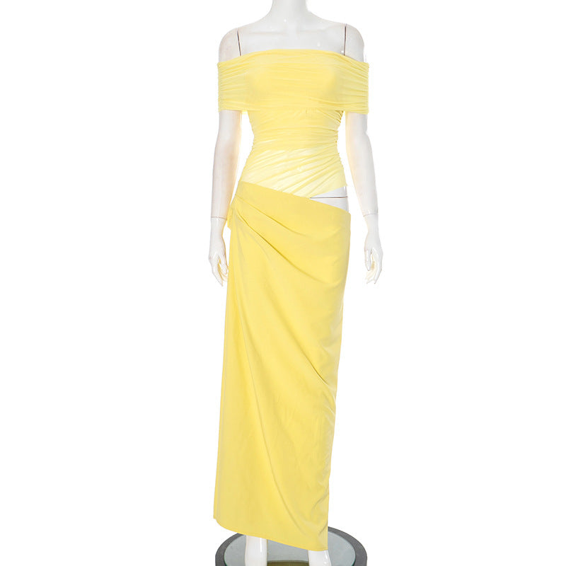 Elegant Maxi Dress featuring a yellow off-shoulder design with stylish cutout detail