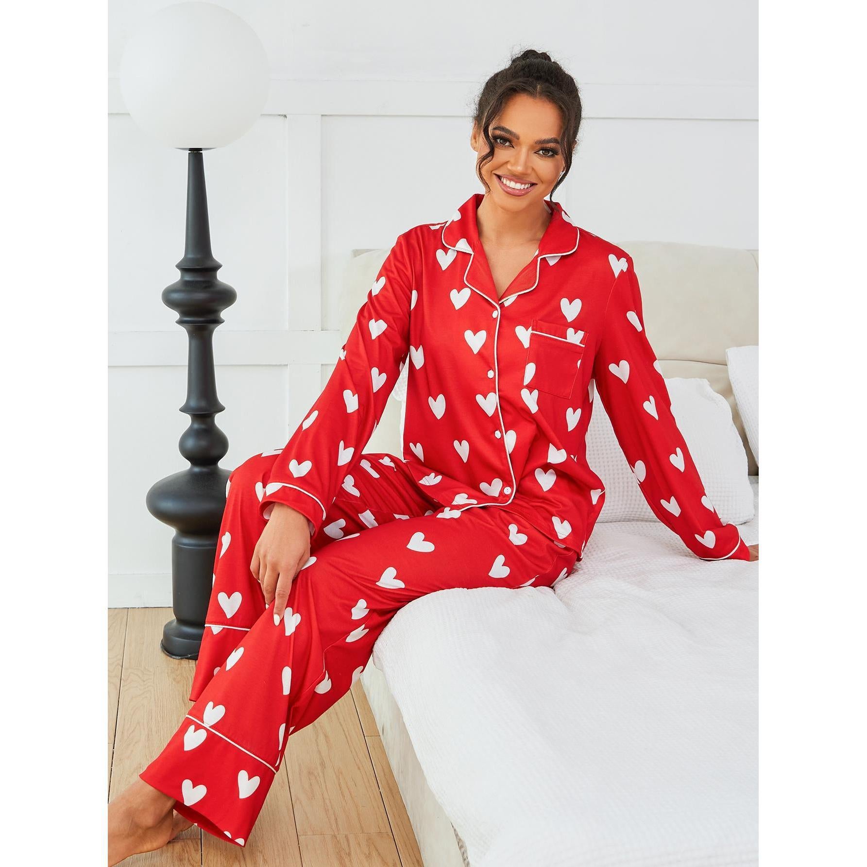 Red heart-patterned pajamas for women, stylish home wear for autumn winter fashion