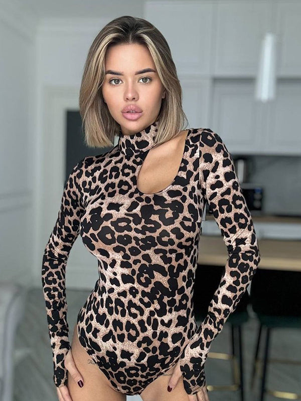 Long-sleeved leopard print bodysuit with cutout neckline in Enchanting Leopard Print Jumpsuit