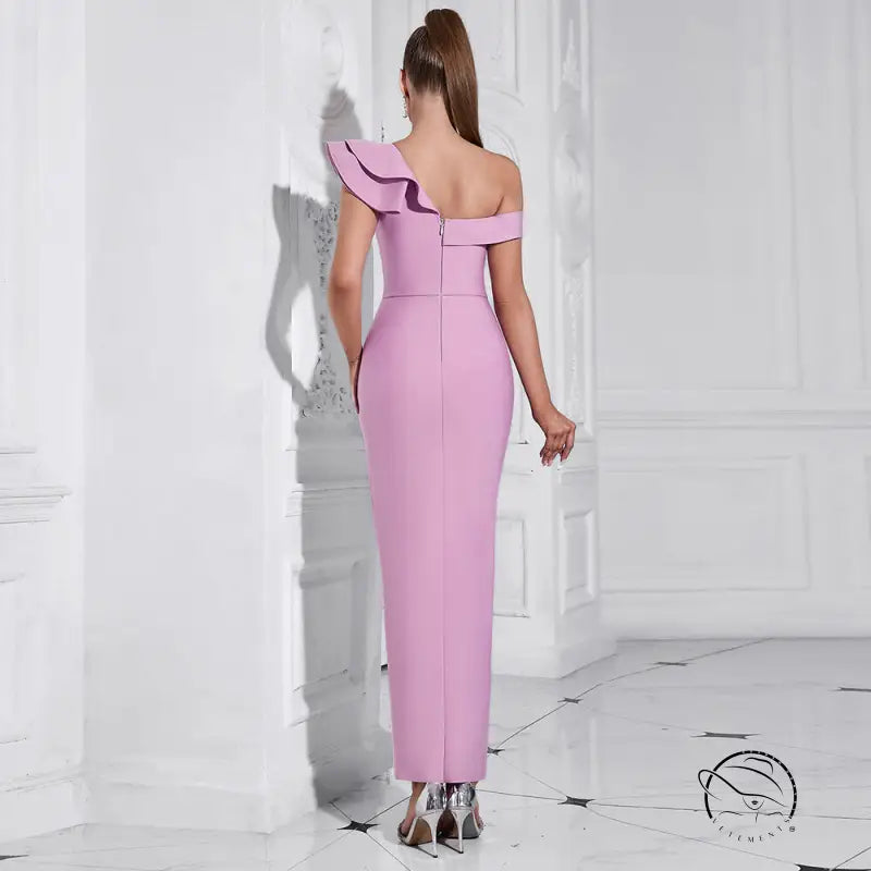 Pink one-shoulder evening gown with ruffled detail and side slit in Langry fashion
