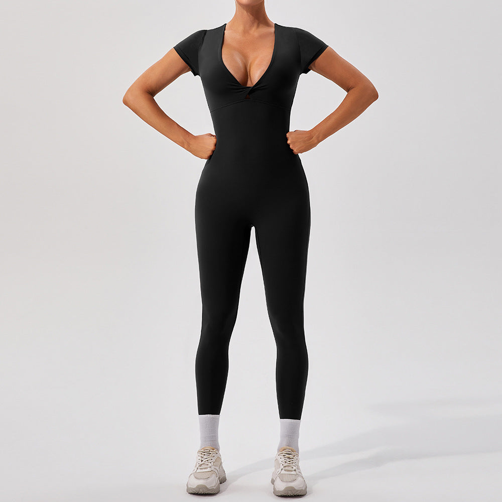 Langry black short-sleeved yoga fitness bodysuit with deep v-neck
