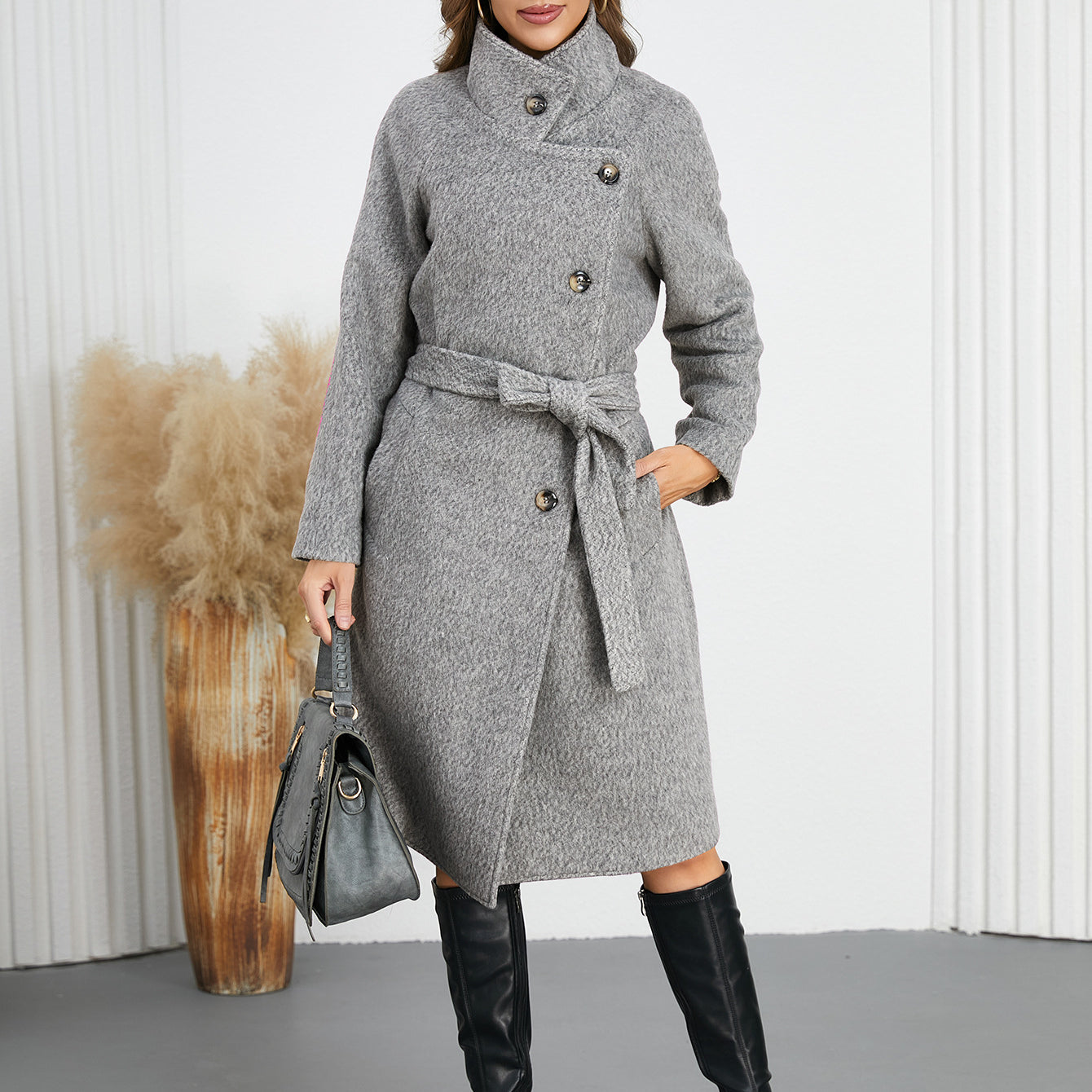 Gray belted herringbone coat from Comfy Slim Woolen Coat, a stylish addition to your ملابس fashion collection
