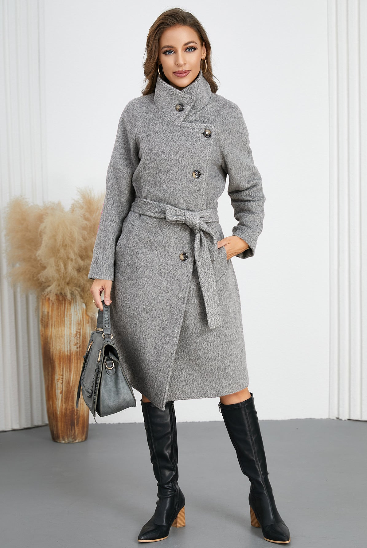 Gray belted herringbone coat from Comfy Slim Woolen Coat, a stylish addition to your ملابس fashion collection