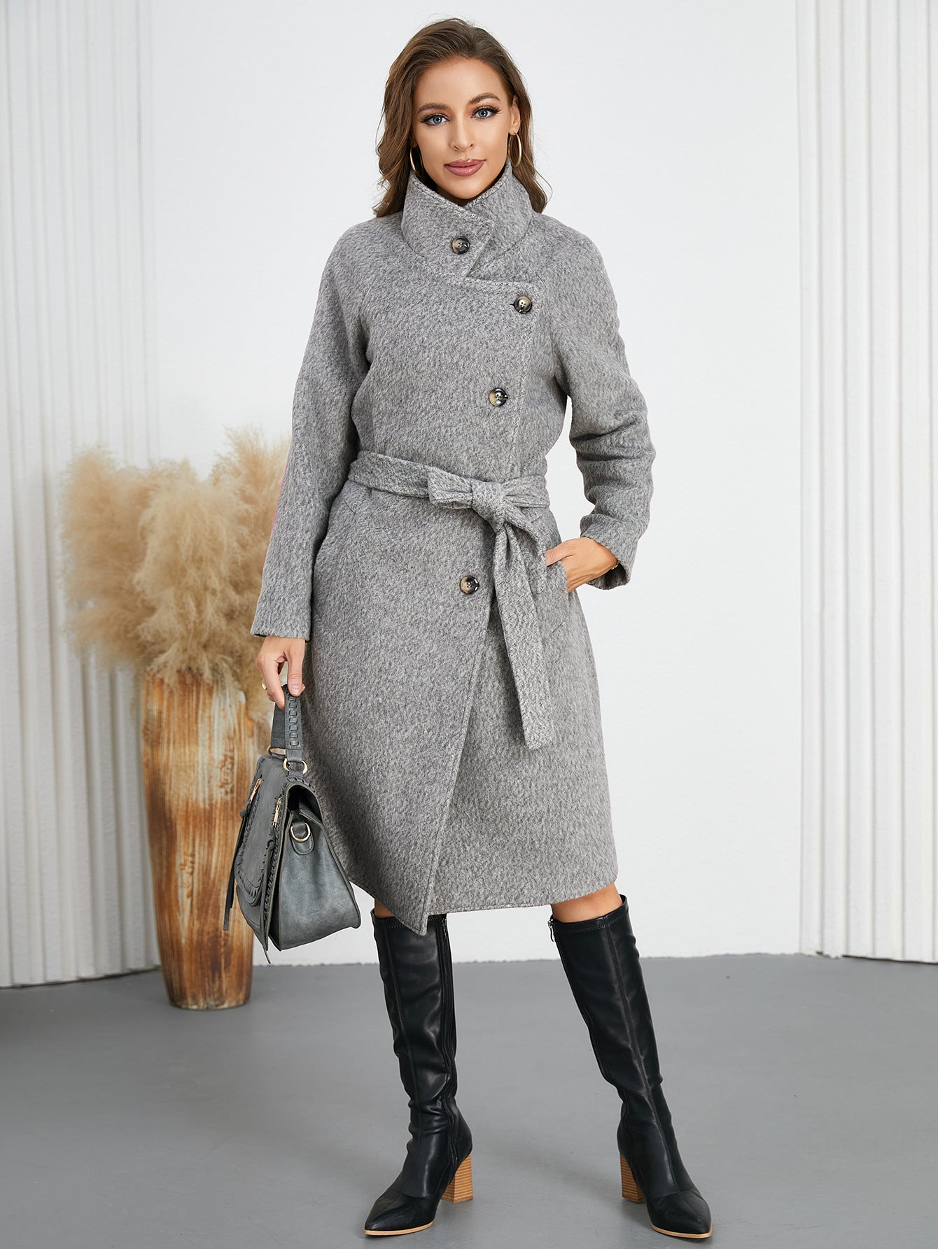 Gray belted herringbone coat from Comfy Slim Woolen Coat, a stylish addition to your ملابس fashion collection