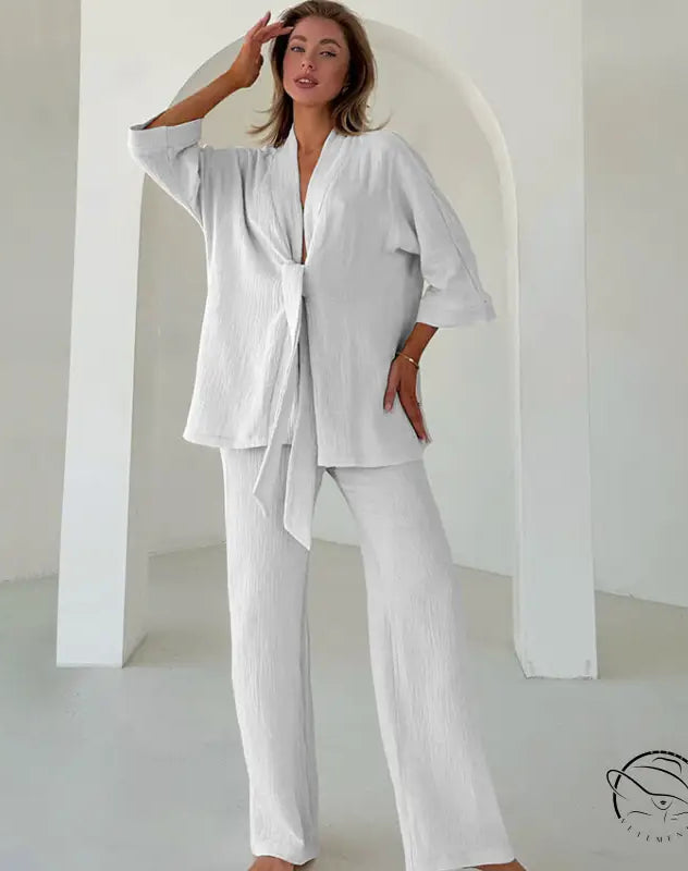 Women’s winter pure cotton pajamas: white textured tie-front top and wide-leg pants
