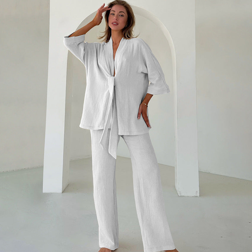 Women’s white textured winter pure cotton pajamas set with V-neck wrap top and wide-leg pants