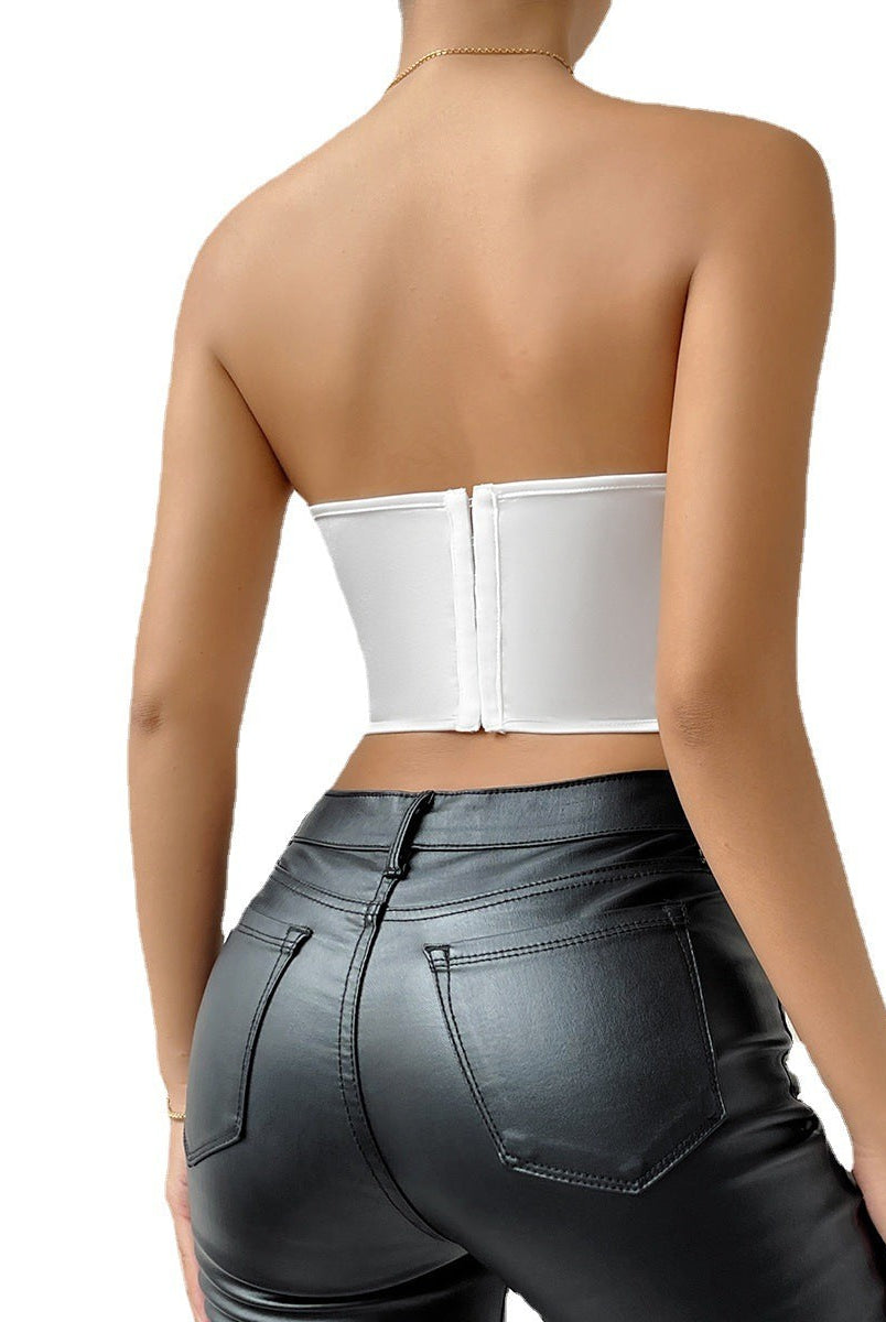 White Vectoria Boning Corset paired with stylish black leather pants for a chic look