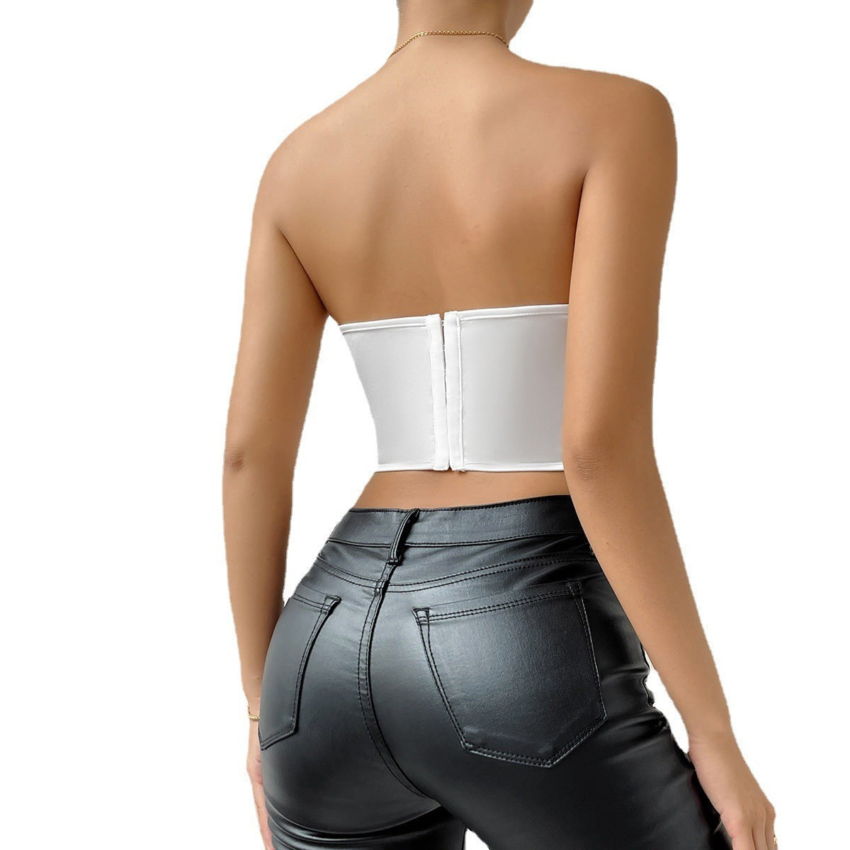 White Vectoria Boning Corset paired with stylish black leather pants for a chic look