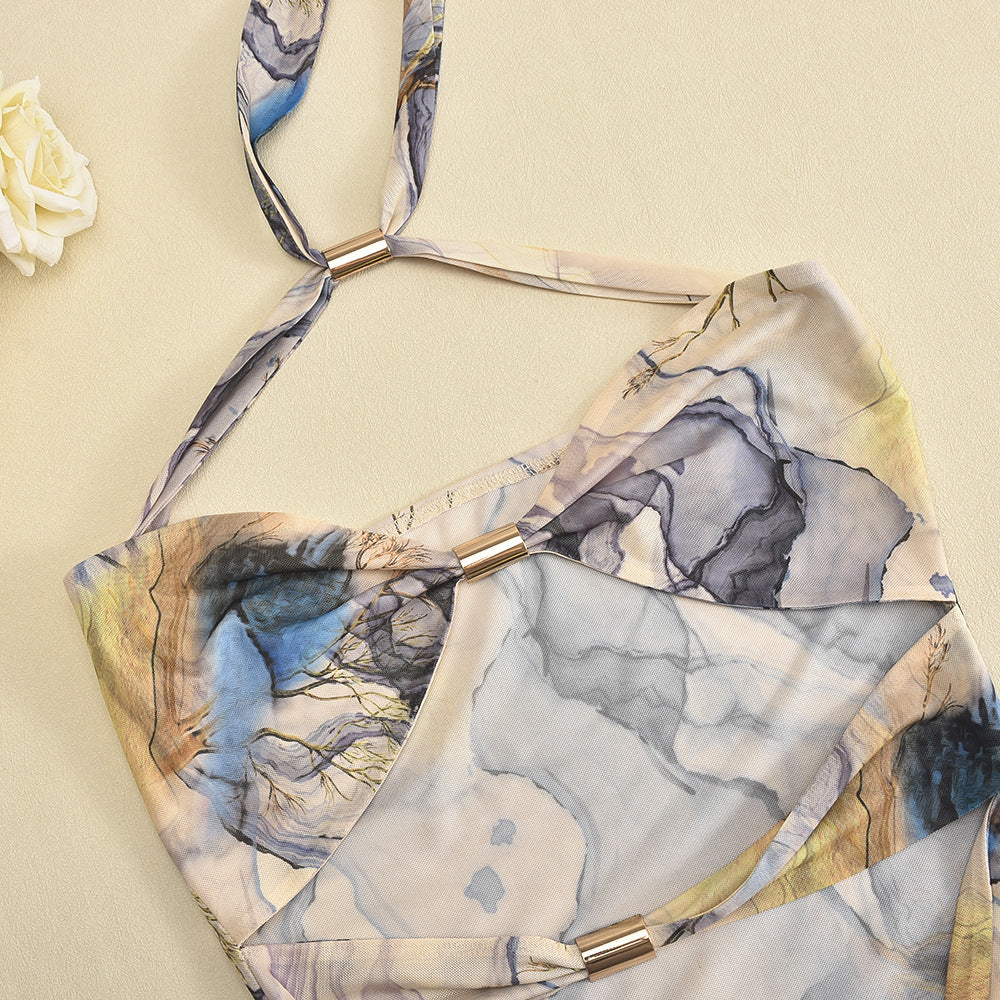 Watercolor halter top with metal rings in Women Clothing Summer Mesh Floral Split Dress