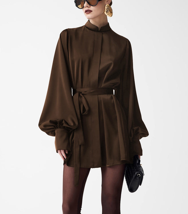 Sleek chocolate-brown satin langry fashion dress with voluminous sleeves