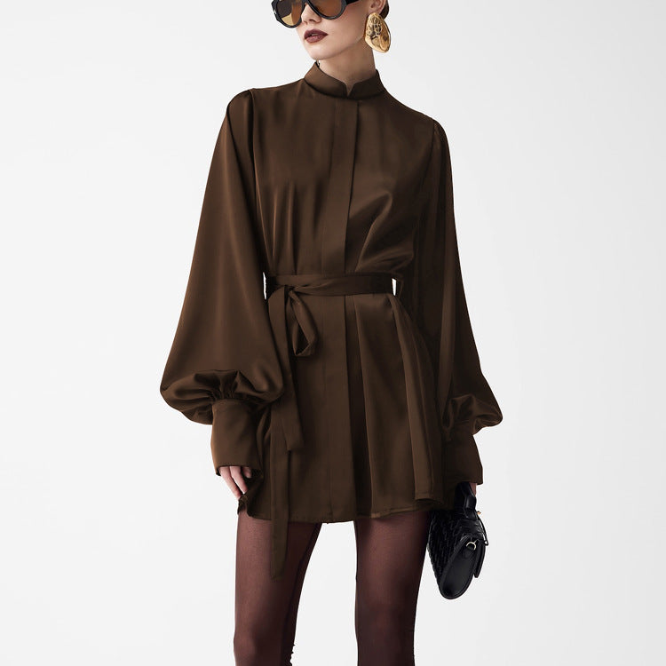 Sleek chocolate-brown satin langry fashion dress with voluminous sleeves