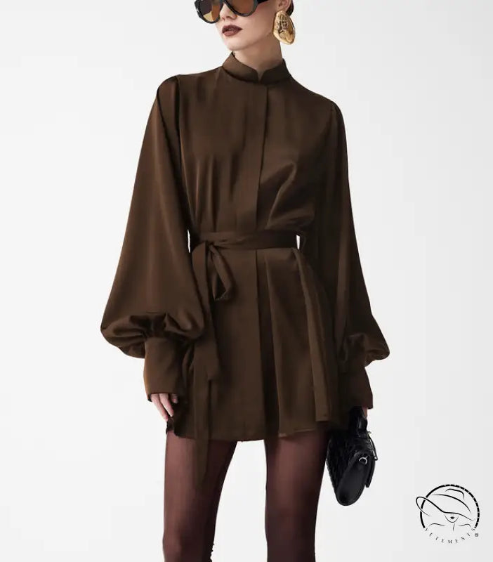 Beautiful lace up A-line short dress in sleek chocolate-brown satin with voluminous long sleeves and high collar