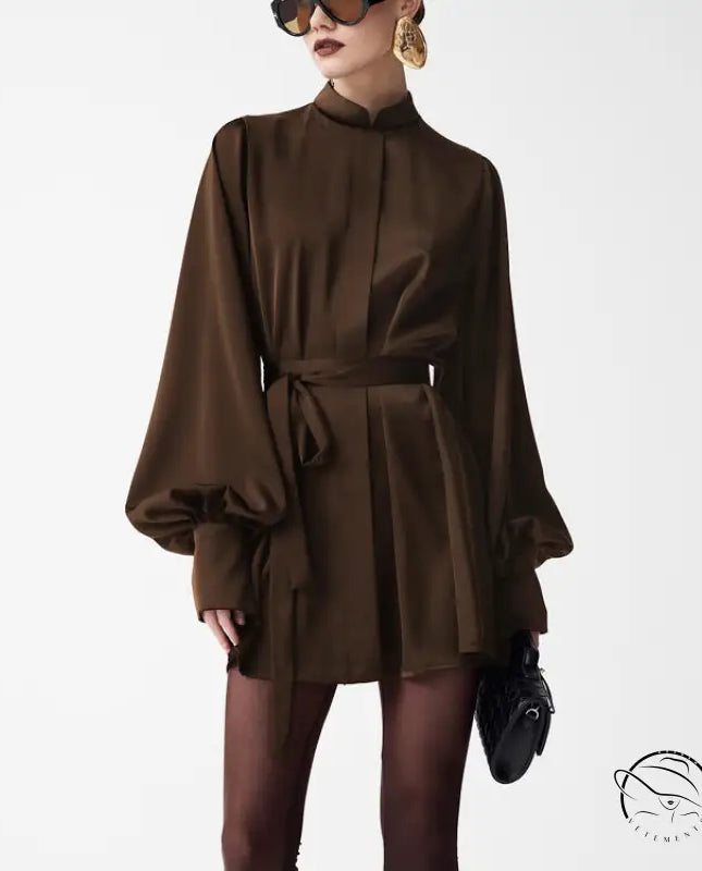 Beautiful lace up A-line short dress in sleek chocolate-brown satin with voluminous long sleeves and high collar