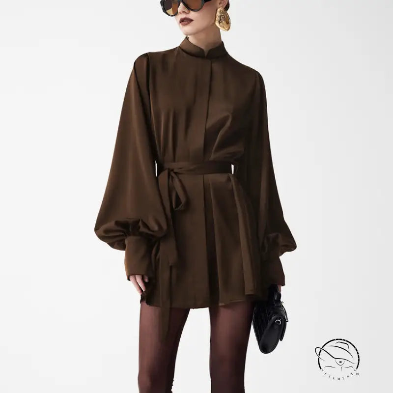 Beautiful lace up A-line short dress in sleek chocolate-brown satin with voluminous long sleeves and high collar