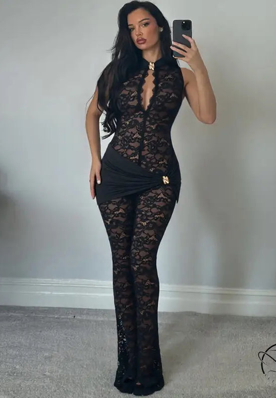 Black lace langry fashion jumpsuit with plunging neckline and bell-bottoms