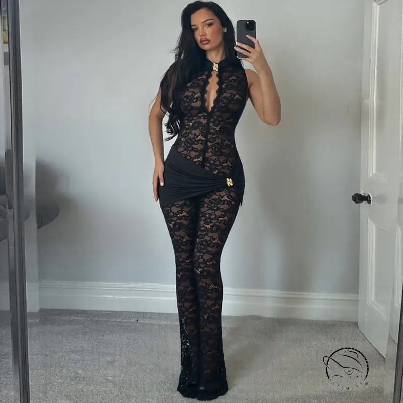 Black lace langry fashion jumpsuit with plunging neckline and bell-bottoms