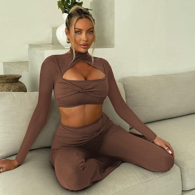 Brown long sleeve crop top and pants set in fashion, perfect for stylish casual wear