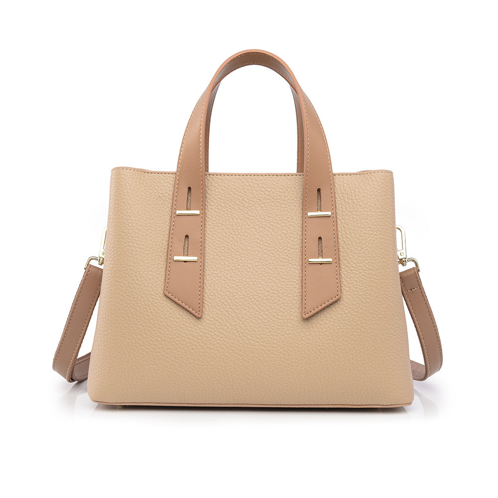 Langry fashion beige leather tote with gold hardware and crossbody strap