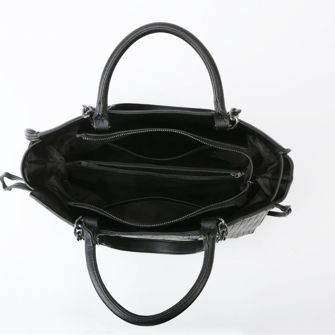 Langry fashion black patent leather tote with silver hardware and snakeskin texture