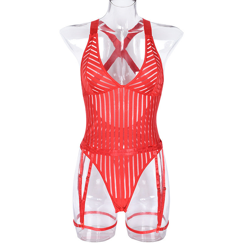 Hollow out Cutout Striped Cross Strap one Piece Lingerie Suit
