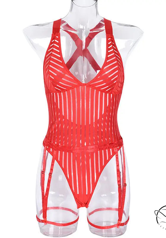 Hollow out Cutout Striped Cross Strap one Piece Lingerie Suit