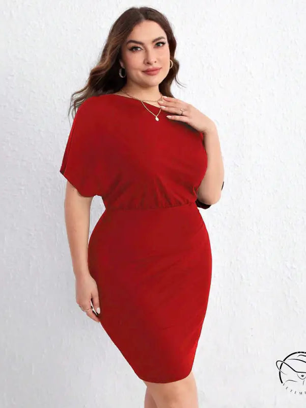 Red plus-size cross shoulder bag hip midi dress