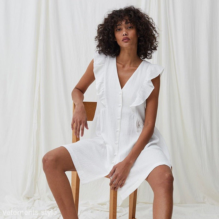 White ruffled button-down dress from Summer French Pajamas in natural comfortable cotton
