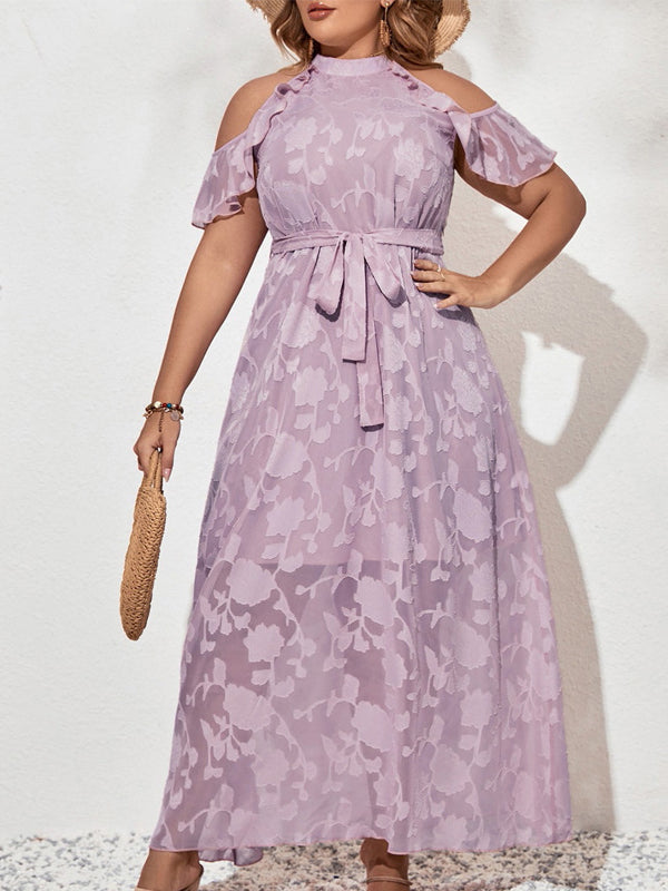 Plus-size light purple cold-shoulder maxi dress with ruffles floral jacquard fashion