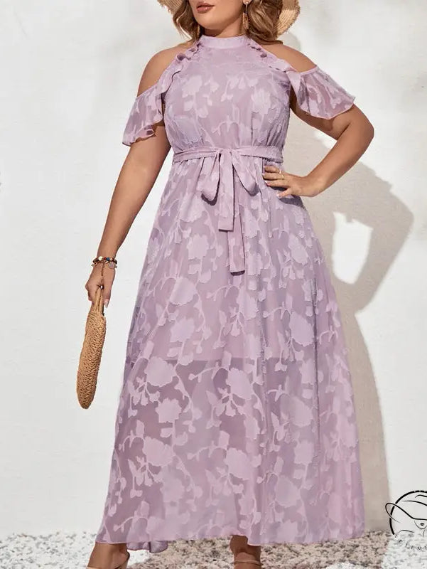 Langry fashion plus-size cold-shoulder maxi dress in light purple with floral jacquard
