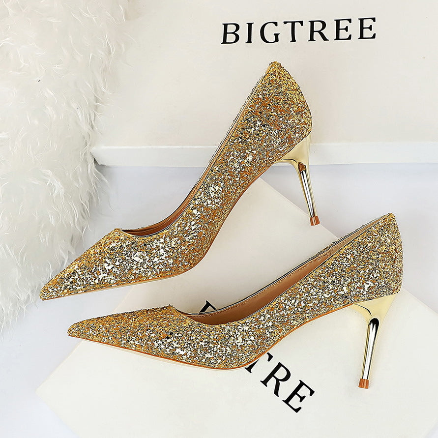Sparkly gold high heels from Shoes Stiletto Heel, perfect for trendy fashion ملابس