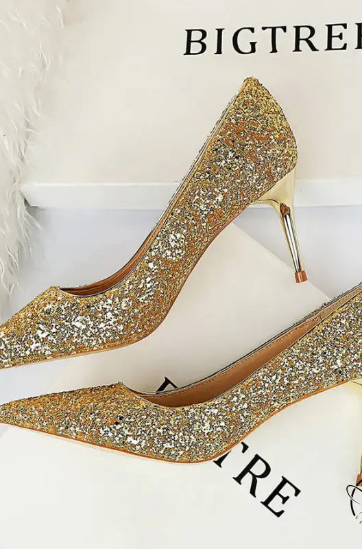 Sparkly gold stiletto heels in Langry fashion style